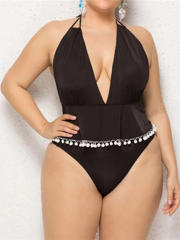 Plus Size One-piece Swimsuit Tassel Ball Backless Deep V-Neck Halter Swimwear