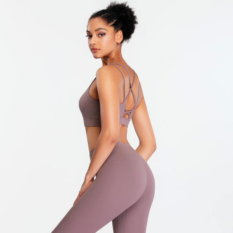 Women Sports Bra Criss-Cross Padded Bra Yoga Fitness Workout Running Top Set Leggings Tight - CHALIER