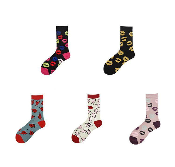 Womens Happy Fun Socks Cartoon Cotton Lips Socks Set  5 Pairs - CHALIER