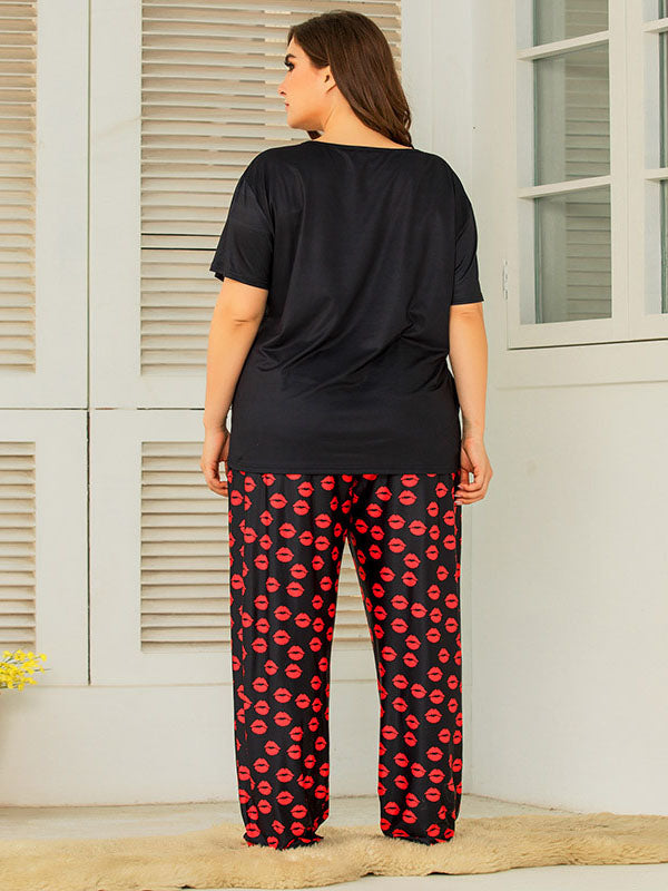 Women's Plus Size Loungewear Cute Red Lips Pajamas Short Sleeve Pants