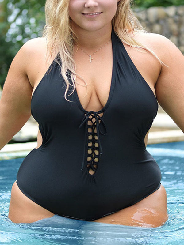 Women's Sexy Plus Size Halter Lace Up One-Piece Swimsuit