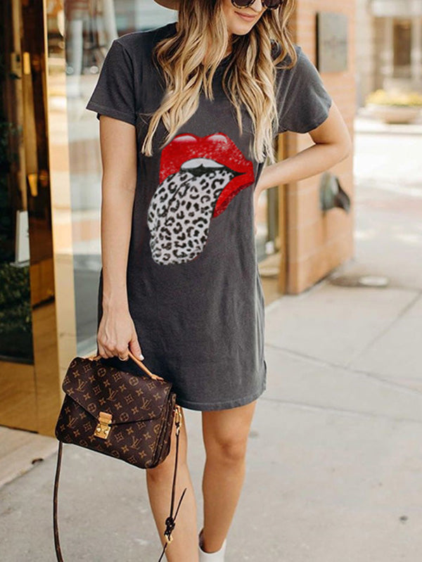 Women's Casual T-Shirt Mini Dress Crew Neck Lips Prints Short Sleeve