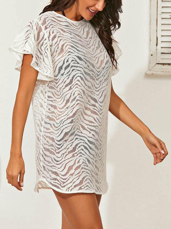Women's Sexy Lace See-Through Wave Pattern Mesh Beach Mini Dress Smock - CHALIER