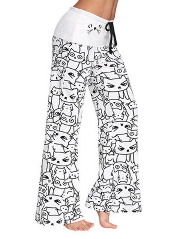 Women's Casual Loose Cartoon Cat Flared Pajamas Pants - CHALIER