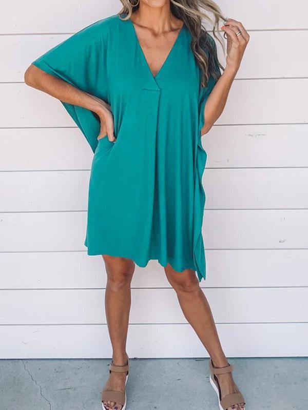 Women's Dresses Casual V-neck Short Sleeve Loose Knee-length T-shirt Mini Dress - CHALIER