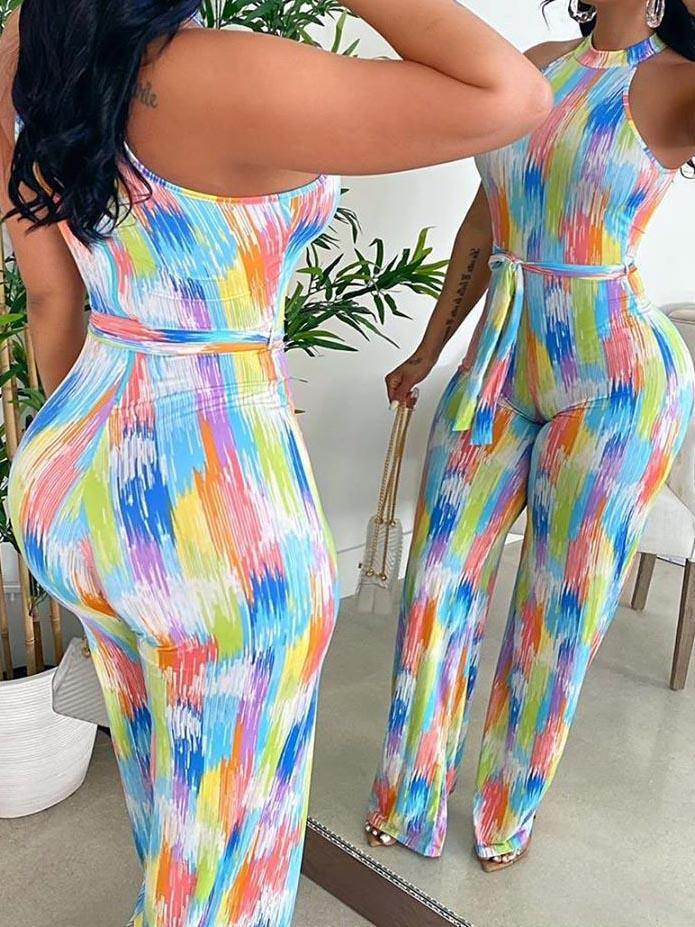 Women's Casual Printed Colored Halter Jumpsuit Wide Legged Pants Beach - CHALIER