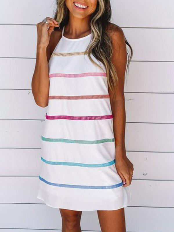 Women's Cotton Casual Rainbow  Pinstripe Midi Slip Dress - CHALIER