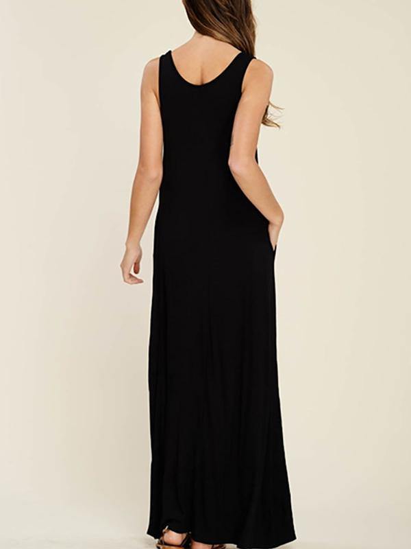 Women's Sleeveless Maxi Dress Casual Pockets Soft Jumper Skirt Solid Beach Dress - CHALIER