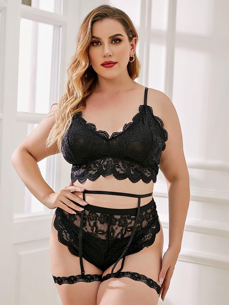 Womens Sexy Lingerie Plus Size Shapewear Black Lace Garters Bra and Panty Soft Cup - CHALIER