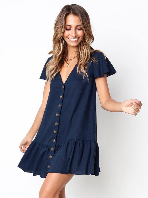 Women's Cotton and Linen Solid V-neck Loose Breathable Short Dress with Buttons - CHALIER
