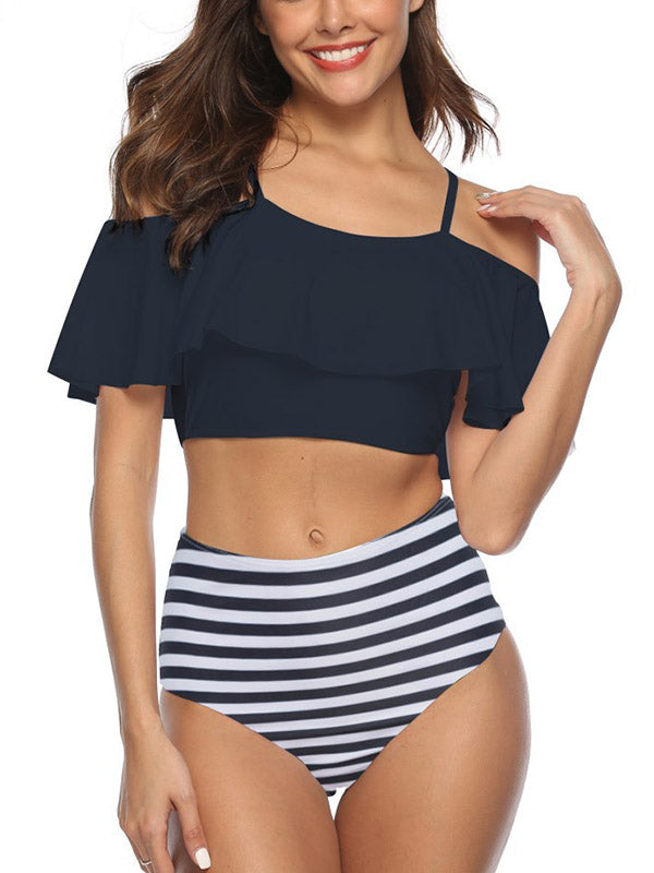 Women's Off Shoulder Swimsuits Tankini Stripe Floral Print Briefs Plus Size