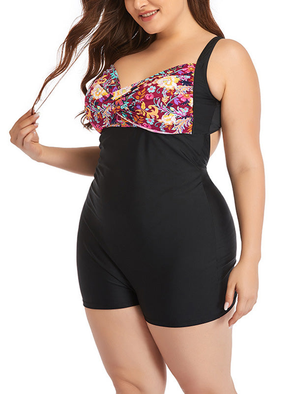 Plus Size Floral Prints Swimsuits Womens One Piece Boxers Lace Up Bikini