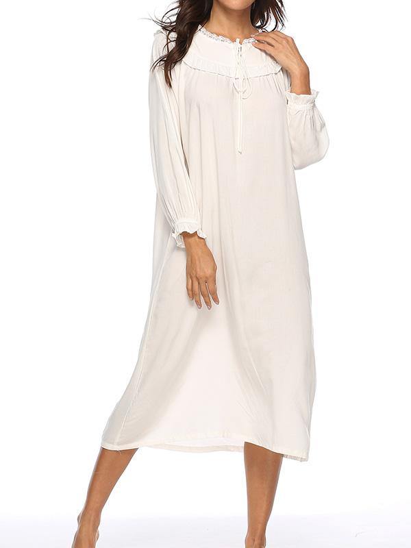 Plus Size Cotton Vintage Elegant Nightdress Long Sleeve Pyjamas White Midi Dress - CHALIER