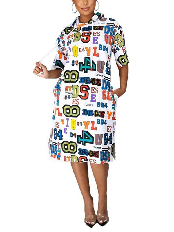Women's Hooded Sweatshirt Midi Dress Loose Letters Prints Dress - CHALIER