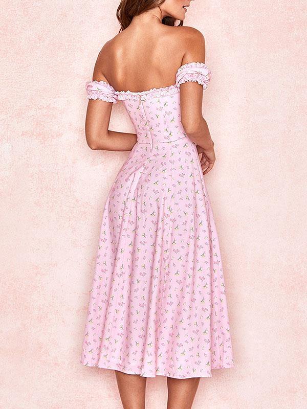 Women's Floral Print Elegant Sexy V-Neck Off Shoulder Dress A-line Pink Split Skirt - CHALIER