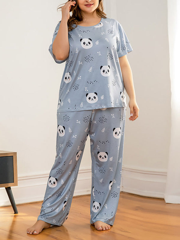 Women's Casual Plus Size Pajamas Cute Animals Lingerie Two-Piece Set Blue Pandas