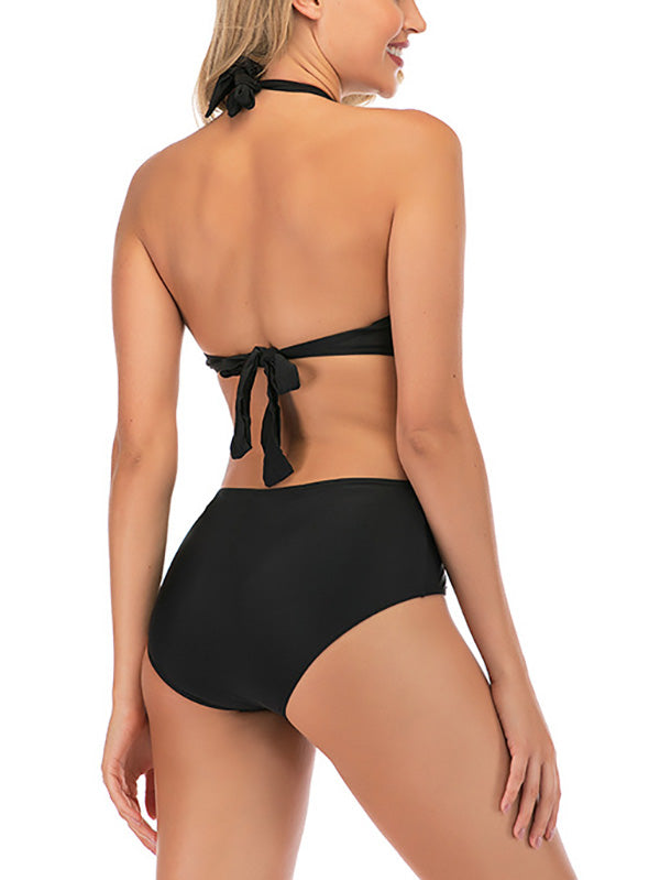 Women's Sexy Black One Piece Lace Up Halter Swimsuits