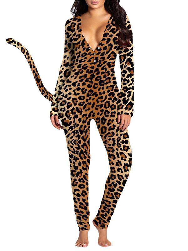 Women's Sexy V-neck Animal PrintS Long-sleeved Tail Jumpsuits - CHALIER