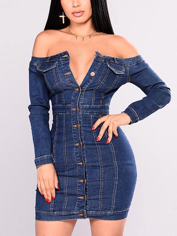 Women's Sexy Casual Denim Bodycon Dress Off Shoulder Long Sleeve Sheath Dress Plus Size - CHALIER