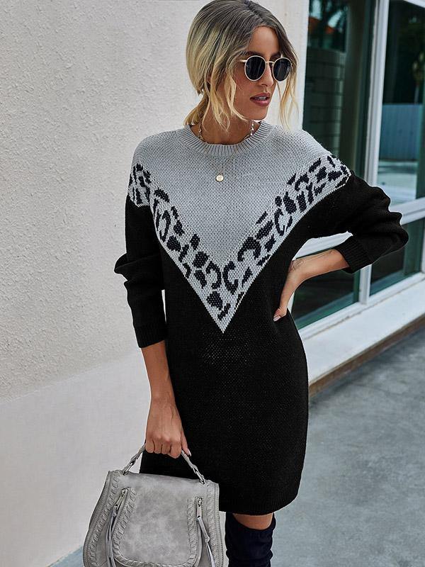 Women's Knitted Dress Leopard Print Round-Neck Long Sleeve Dress - CHALIER