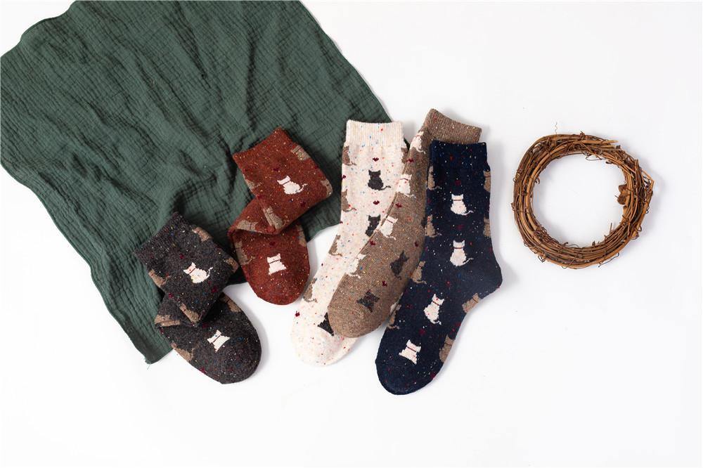 Womens Winter Wool Warm Socks Cartoon Cat pattern Fashion Socks 5 Pairs Set - CHALIER