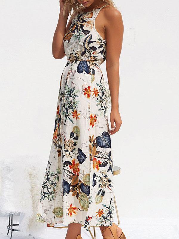 Women's Floral Printed A-line Sleeveless Beach Split Dress Braces Skirt - CHALIER
