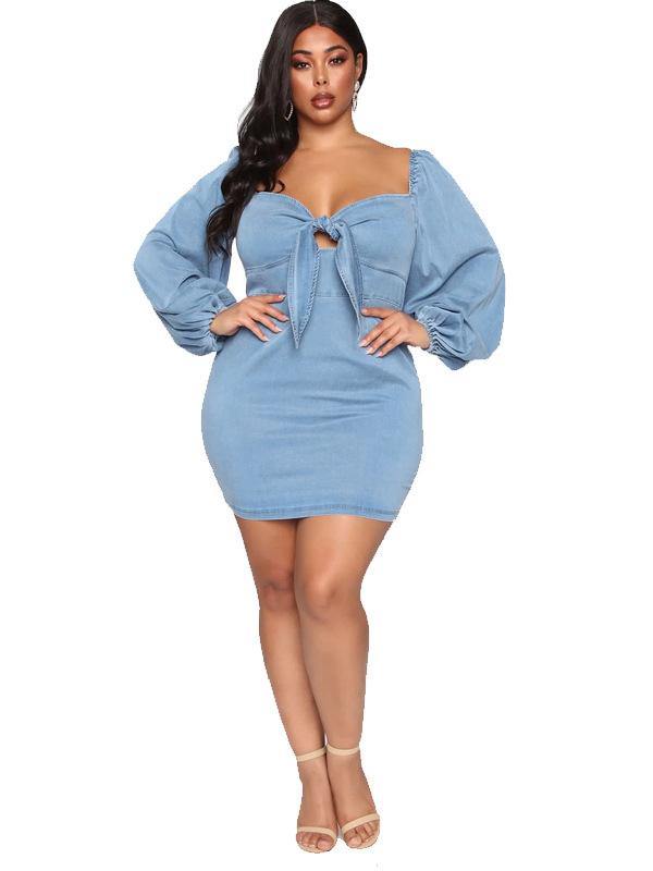 Plus Size Women's Sexy Denim Dress Low Cut Bowknot Mini Dress - CHALIER