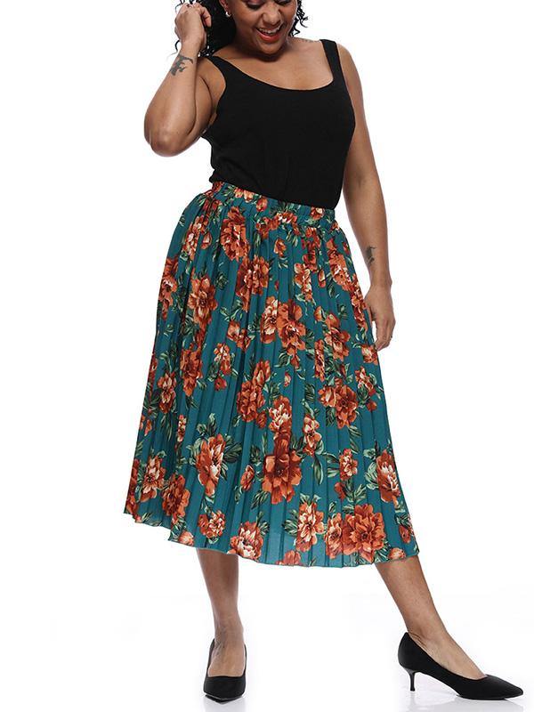 Women's Printed Chiffon Pleated Skirt Plus Size Midi Skirts - CHALIER