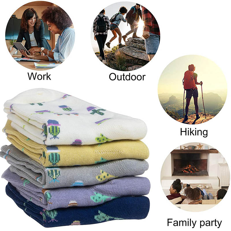 Womens Socks Cactus Print Cartoon Cotton Socks 5 Pairs Gift