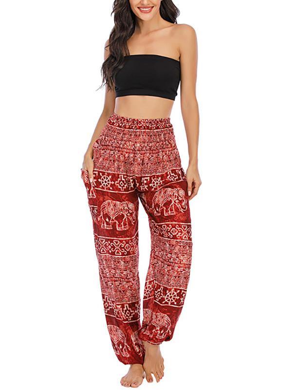 Women's Casual Printed Long Soft Bloomer Pants High Waist Yoga - CHALIER