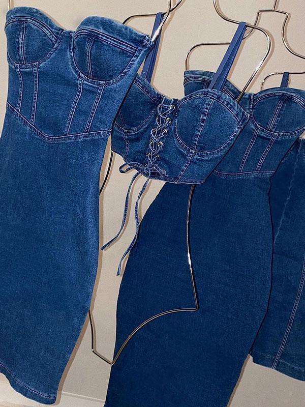 Women's Sexy Casual Denim Bodycon Slip Dress with Chest Pad and Rims Sheath Dress - CHALIER