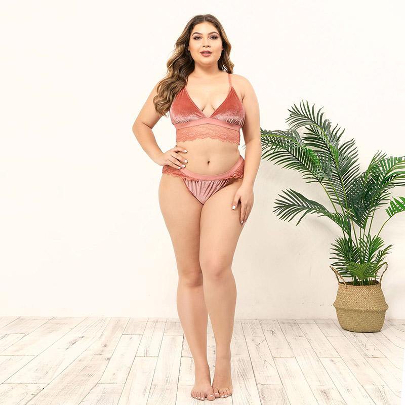 Womens Triangle Sexy Plus Size Bra and Panty Lace Velvet Soft Seamless Underwear Suits