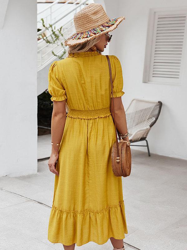 Women's Casual V-Neck Holiday A-line Beach Midi Dress - CHALIER