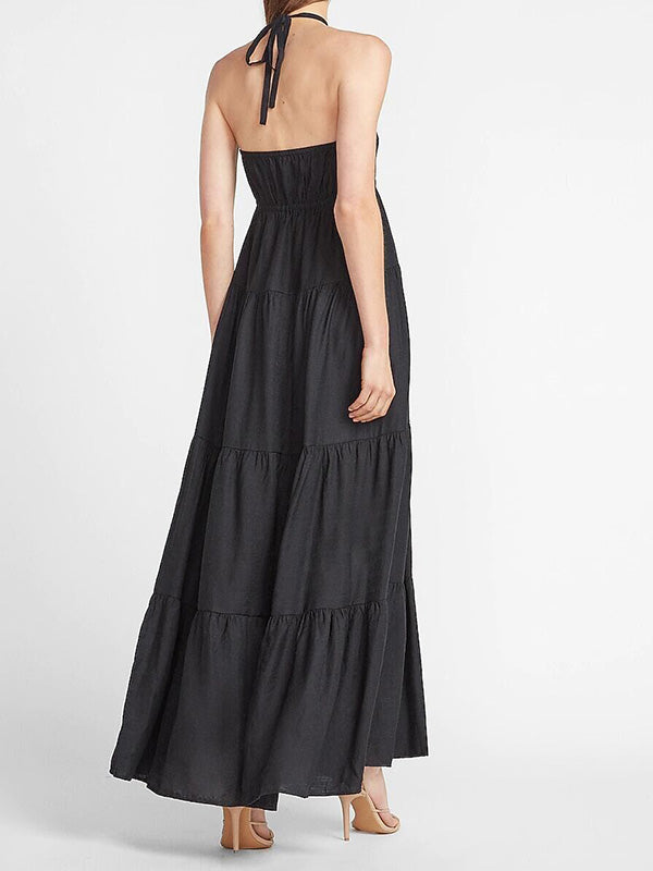 Women's Black Halter Maxi Dress Lace Up Solid Color