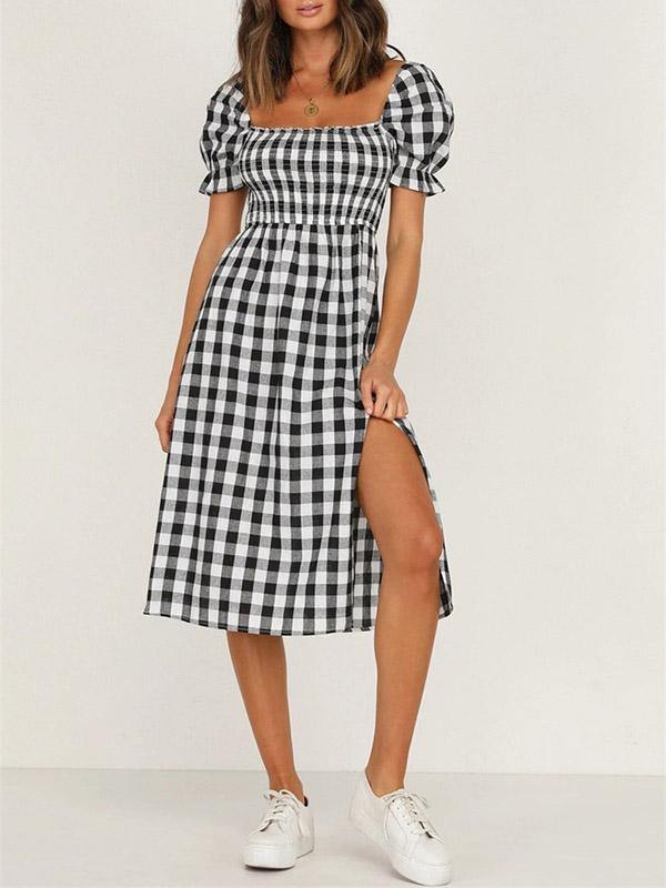 Women's Sexy Vintage Split Square Neck A-line Plaid Short Sleeve Midi Dress - CHALIER
