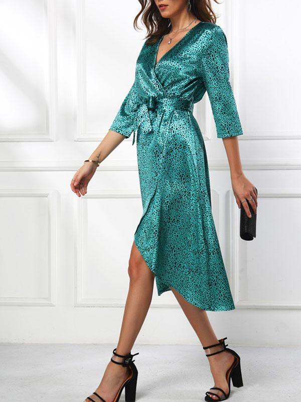 Women's Causual Smooth Floral Leopard Print Dress Long Sleeve - CHALIER