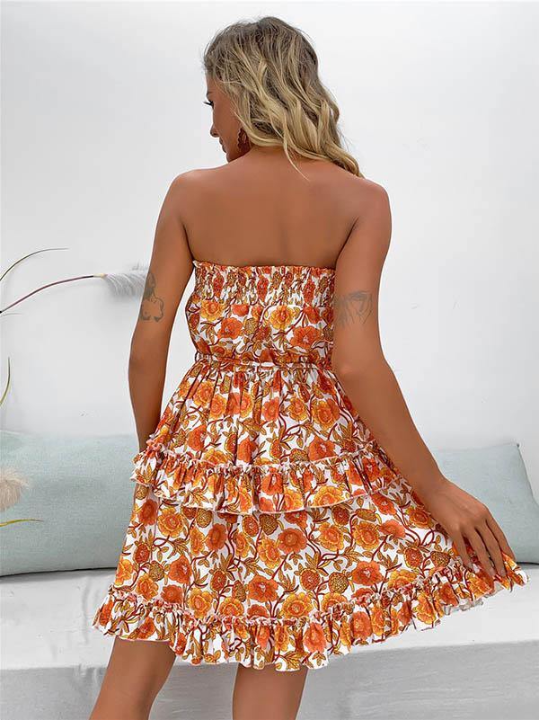 Women's Floral Prints A-line Strapless Mini Dress Orange Embroidered Summer Flower - CHALIER