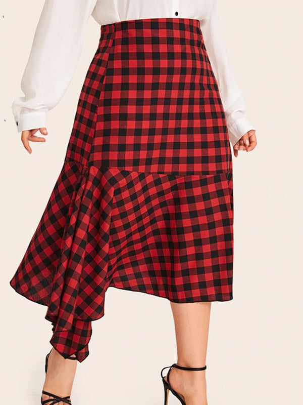Women's Plus Size Asymmetrical Long Red Plaid Pattern Midi Skirt