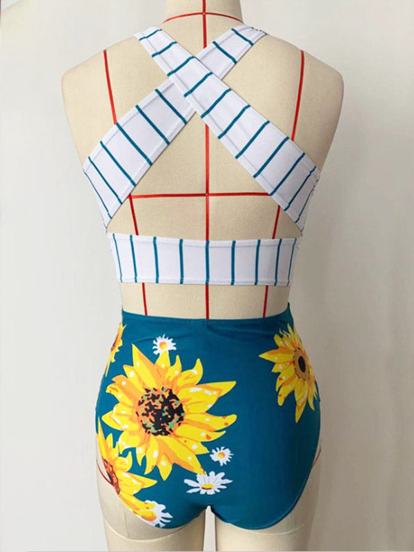 Women's Sunflower Prints Halter Bikini Two-Piece Swimsuits V-Neck