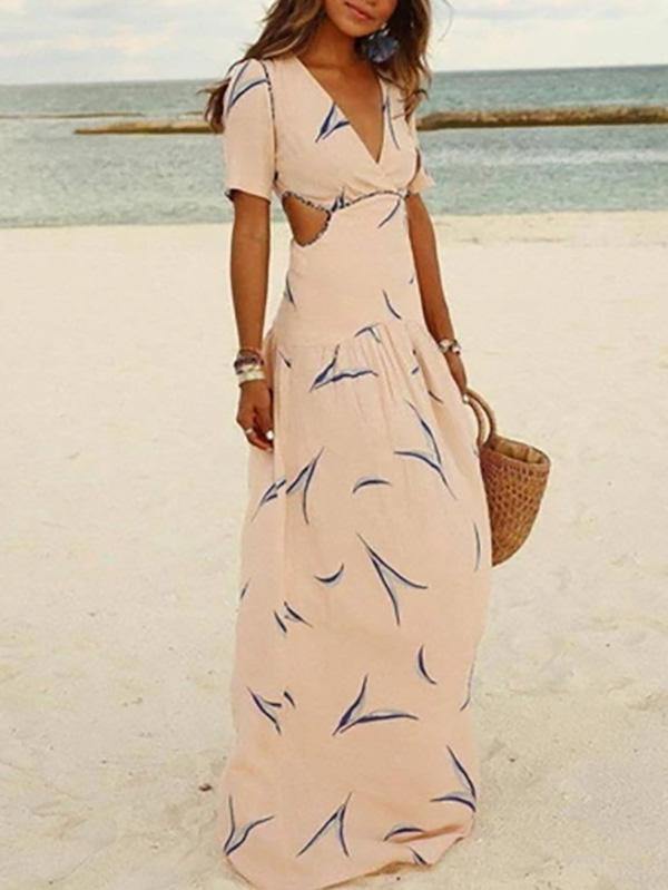 Women's Elegant Bohemian Printed  Apricot V-neck Beach Maxi Dress Summer - CHALIER