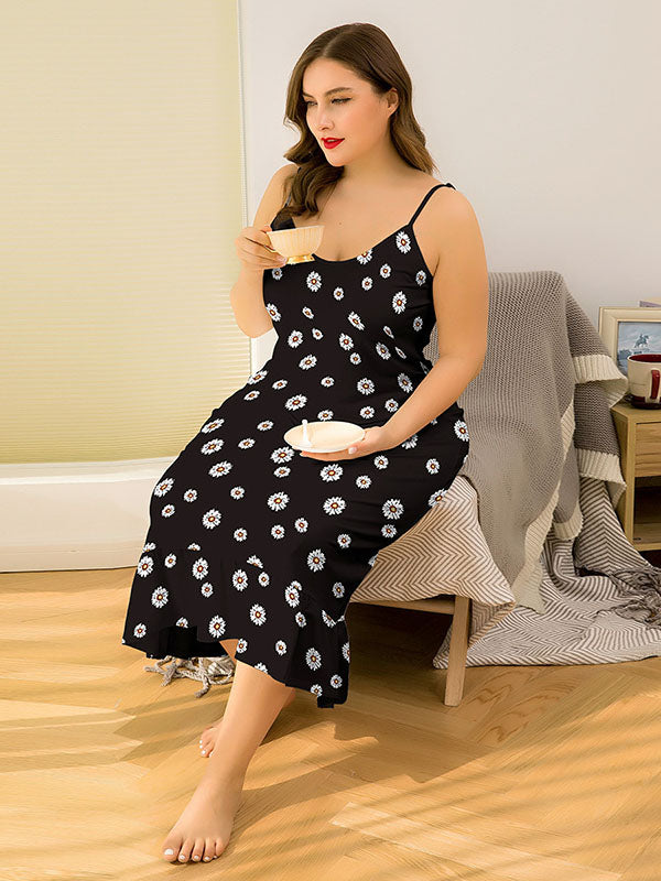 Women's Plus Size Sexy Halter Night Gowns Floral Prints Sleep Maxi Slip Dress
