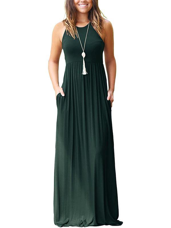 Women's Vest Beach Maxi Dress Sexy Pocket Soft Round-neck Dress - CHALIER