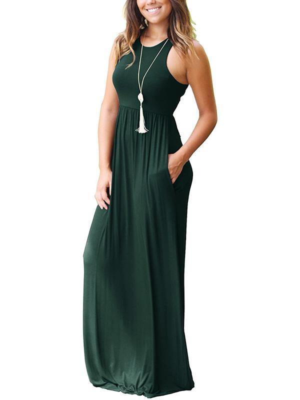Women's Vest Beach Maxi Dress Sexy Pocket Soft Round-neck Dress - CHALIER