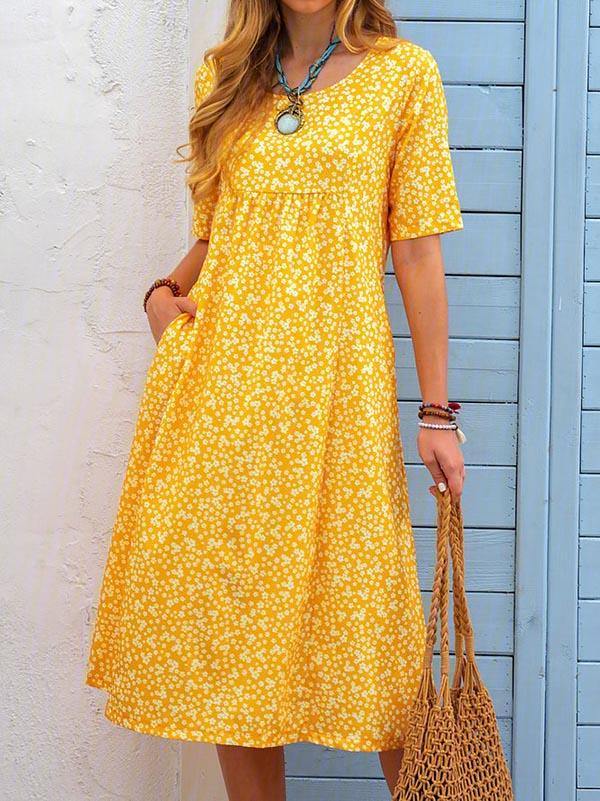 Women's Floral Printed Dress Casual Short Sleeve Midi Dress Plus Size - CHALIER