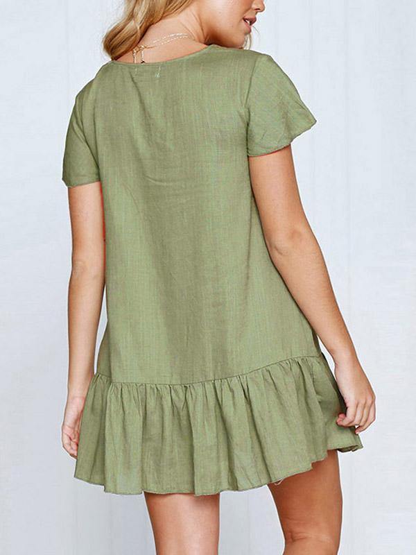 Women's Cotton and Linen Solid V-neck Loose Breathable Short Dress with Buttons - CHALIER