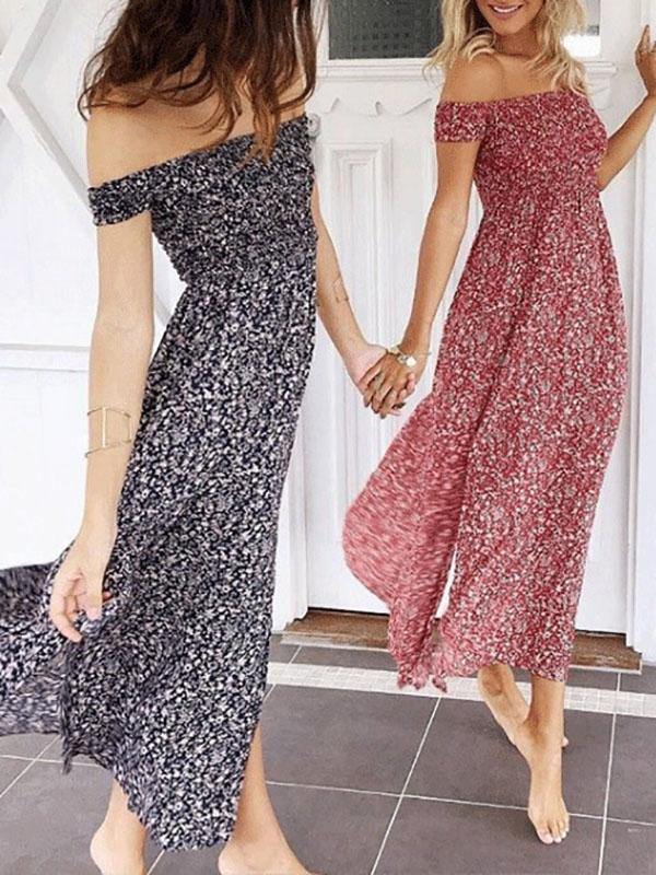 Women's Sexy Floral Print Off Shoulder Maxi Split Dress High Waist - CHALIER