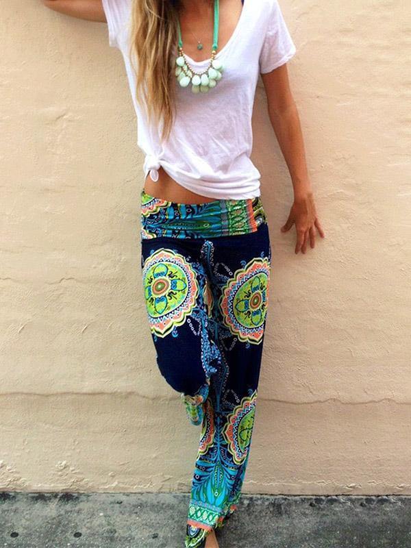 Women's Casual Cotton Floral Print Loose Pants Spring Holiday Home Wide Leg Pants - CHALIER