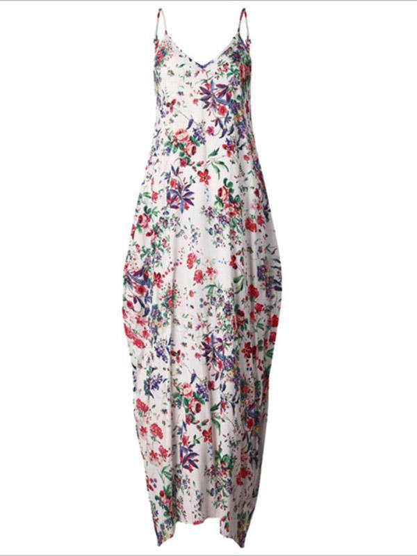 Women's Cotton Floral Printed Loose Sleeveless Maxin Slip Dress Plus Size - CHALIER