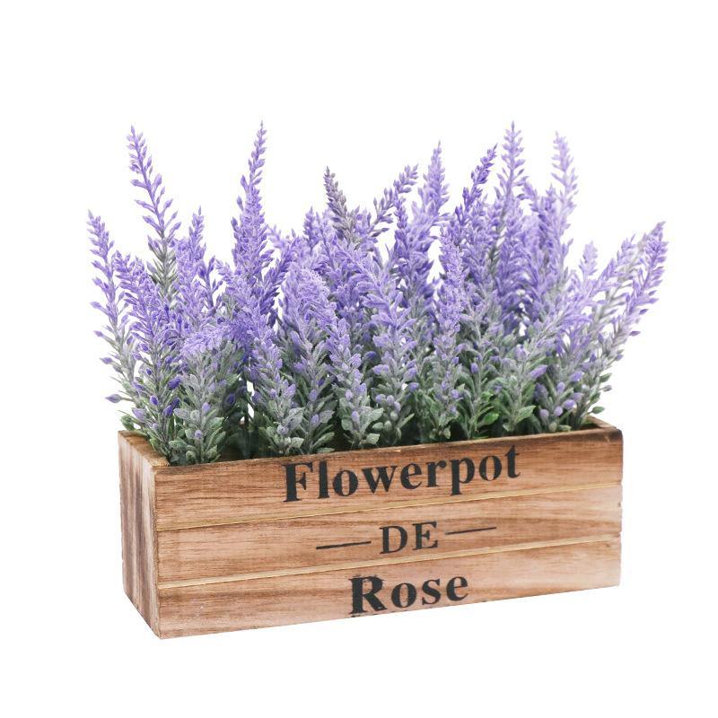 Artificial Flower Potted Lavender Plant Purple Silk Floral Arrangements for Home Office Decor with Wooden Tray - CHALIER