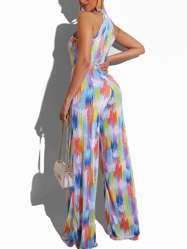 Women's Casual Printed Colored Halter Jumpsuit Wide Legged Pants Beach - CHALIER